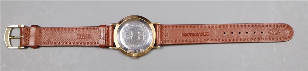 A gentlemans yellow metal and steel Waltham manual wind wrist watch, on later leather strap.